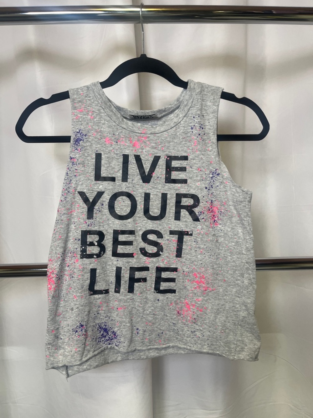 Rock Candy Girls “Live Your Best Life”Gray Tank Top Pink & Purple Splatter M